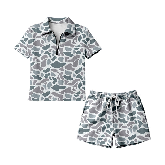 Adult Women Southern Light Grey Camo Zip Pullovers Pockets Short Clothes Sets Preorder