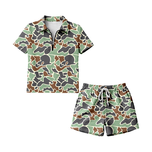 Adult Women Southern Green Camo Zip Pullovers Pockets Short Clothes Sets Preorder
