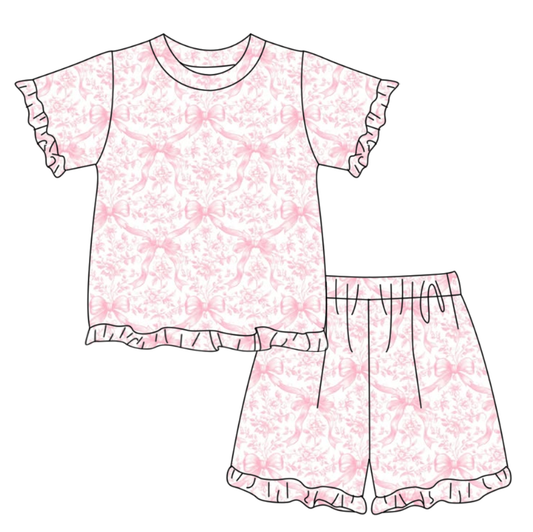 Baby Girls Pink Bows Flowers Top Ruffle Shorts Pajamas Clothes Sets Preorder