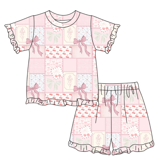Baby Girls Bows Flowers Checked Top Ruffle Shorts Pajamas Clothes Sets Preorder