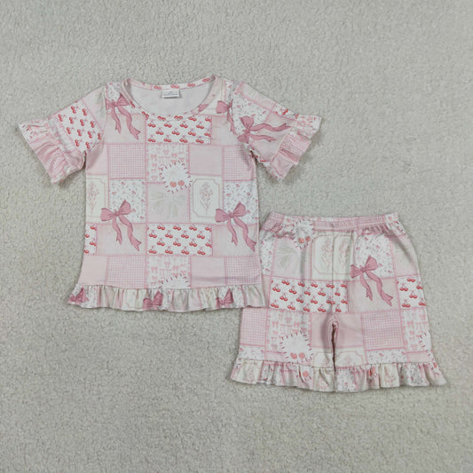 Baby Girls Bows Flowers Checked Top Ruffle Shorts Pajamas Clothes Sets