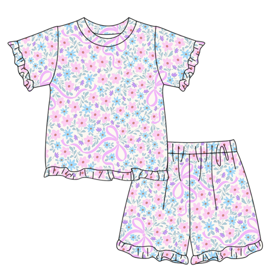 Baby Girls Pink Bows Flowers Top Ruffle Shorts Pajamas Clothes Sets Preorder