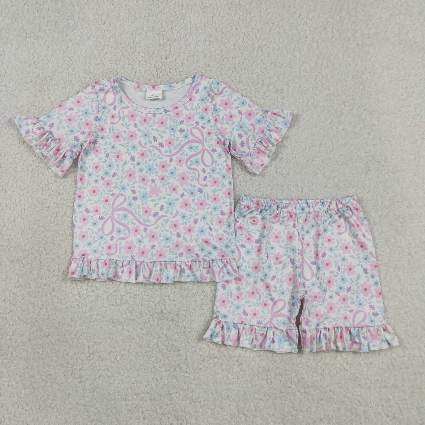 Baby Girls Colorful Flowers Bows Top Ruffle Shorts Pajamas Clothes Sets