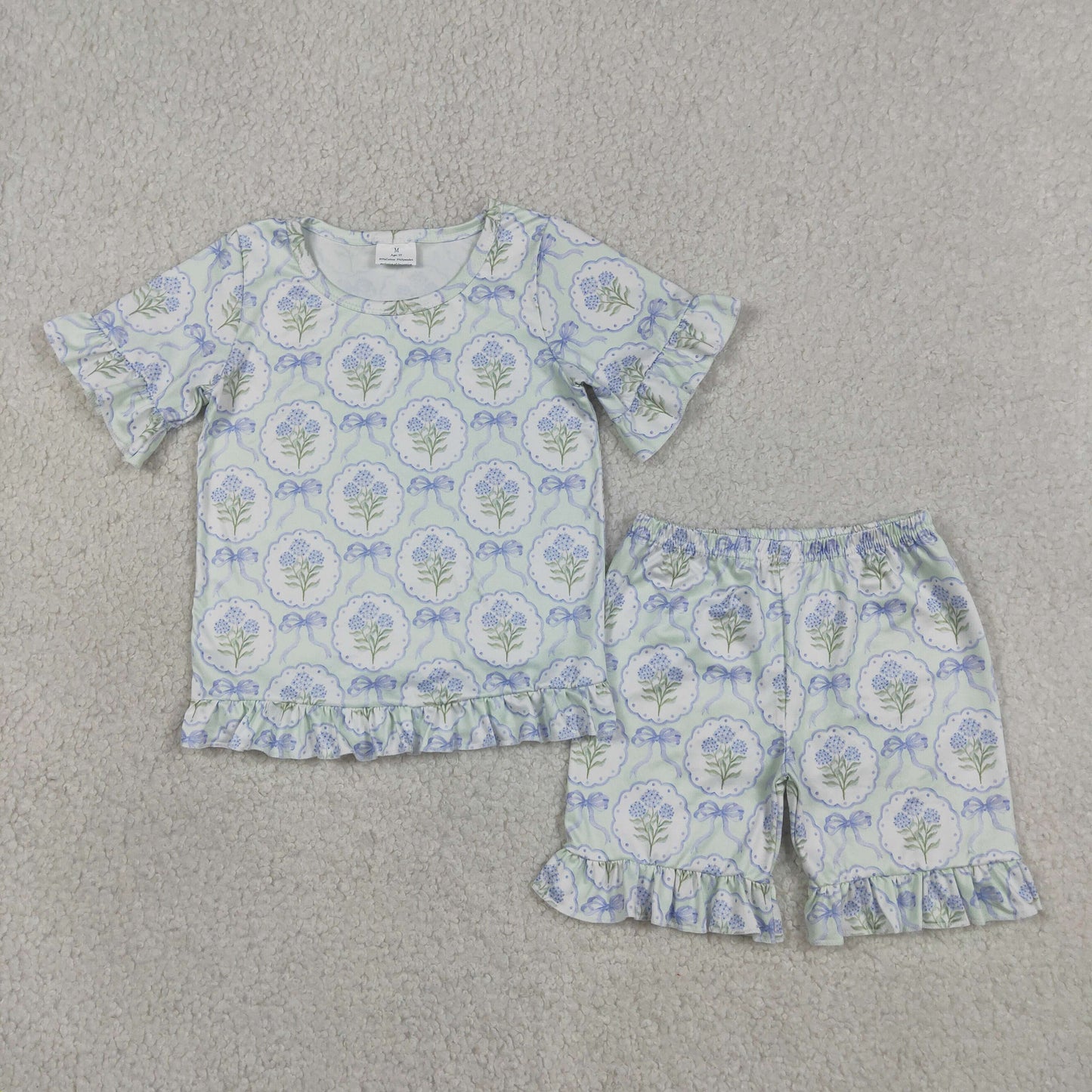 Baby Girls Blue Bows Flowers Top Ruffle Shorts Pajamas Clothes Sets