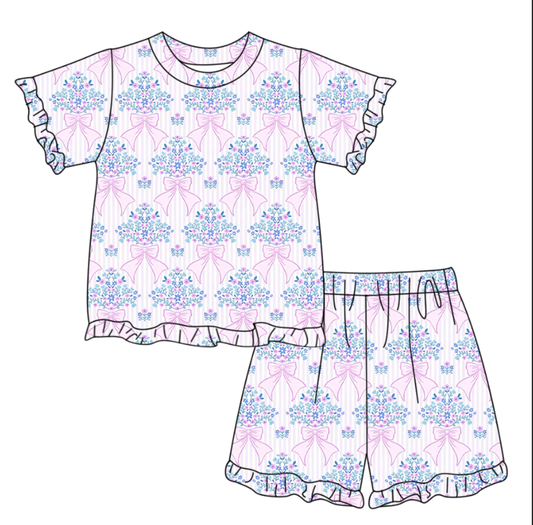 Baby Girls Pink Stripe Bow Flowers Top Ruffle Shorts Pajamas Clothes Sets Preorder
