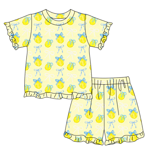 Baby Girls Bows Lemons Top Ruffle Shorts Pajamas Clothes Sets Preorder