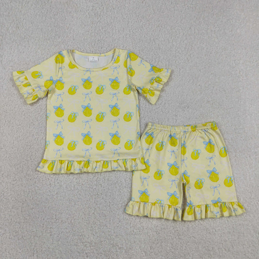 Sibling Baby Girls Short Sleeve Bows Strawberry Lemons Top Ruffle Shorts Pajamas Sets