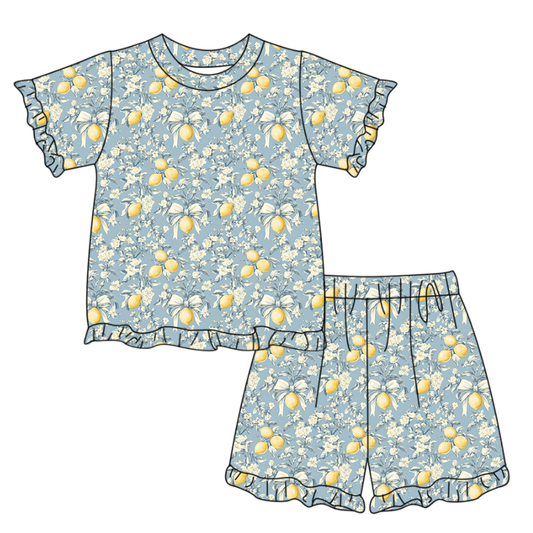 Baby Girls Bows Lemons Top Ruffle Shorts Pajamas Clothes Sets Preorder