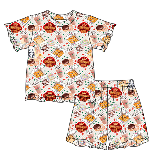 Baby Girls Donuts Coffee Top Ruffle Shorts Pajamas Clothes Sets Preorder