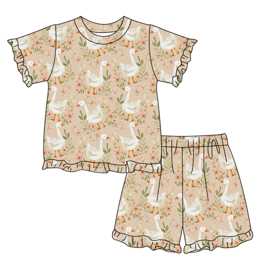 Baby Girls Flowers Gooses Top Ruffle Shorts Pajamas Clothes Sets Preorder