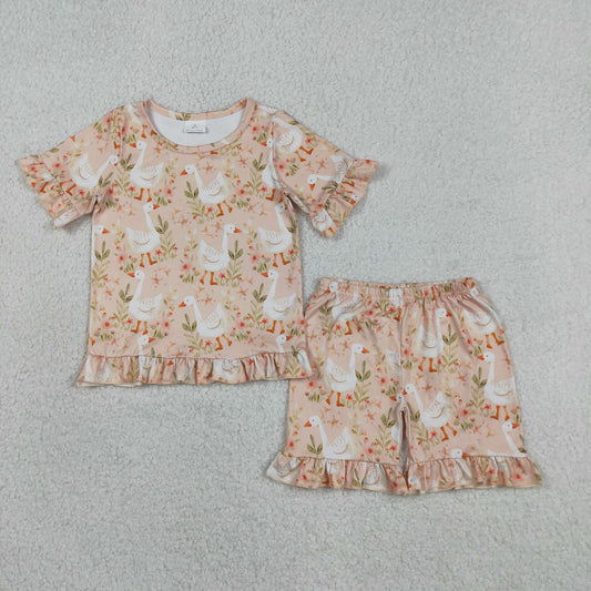 Baby Girls Flowers Gooses Top Ruffle Shorts Pajamas Clothes Sets