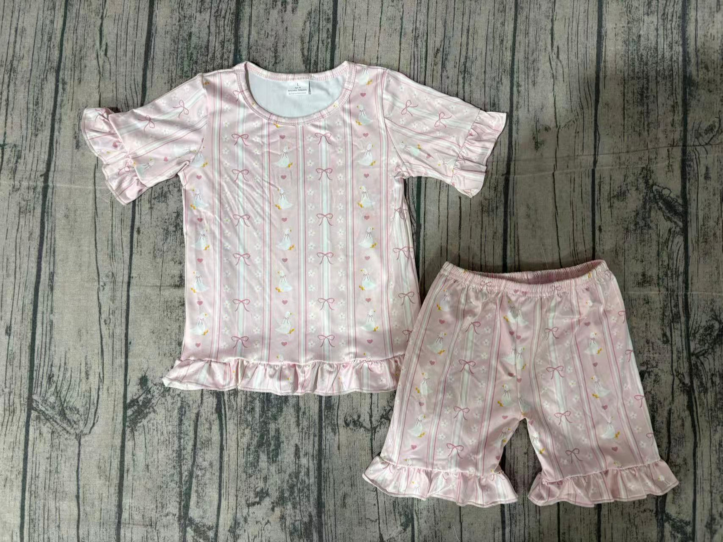Baby Girls Bow Gooses Stripe Top Ruffle Shorts Pajamas Clothes Sets