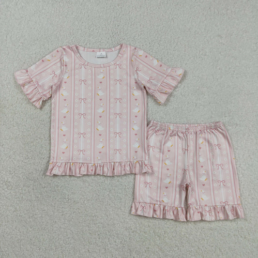 Baby Girls Bow Gooses Stripe Top Ruffle Shorts Pajamas Clothes Sets