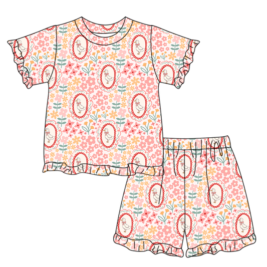 Baby Girls Flower Gooses Stripe Top Ruffle Shorts Pajamas Clothes Sets Preorder