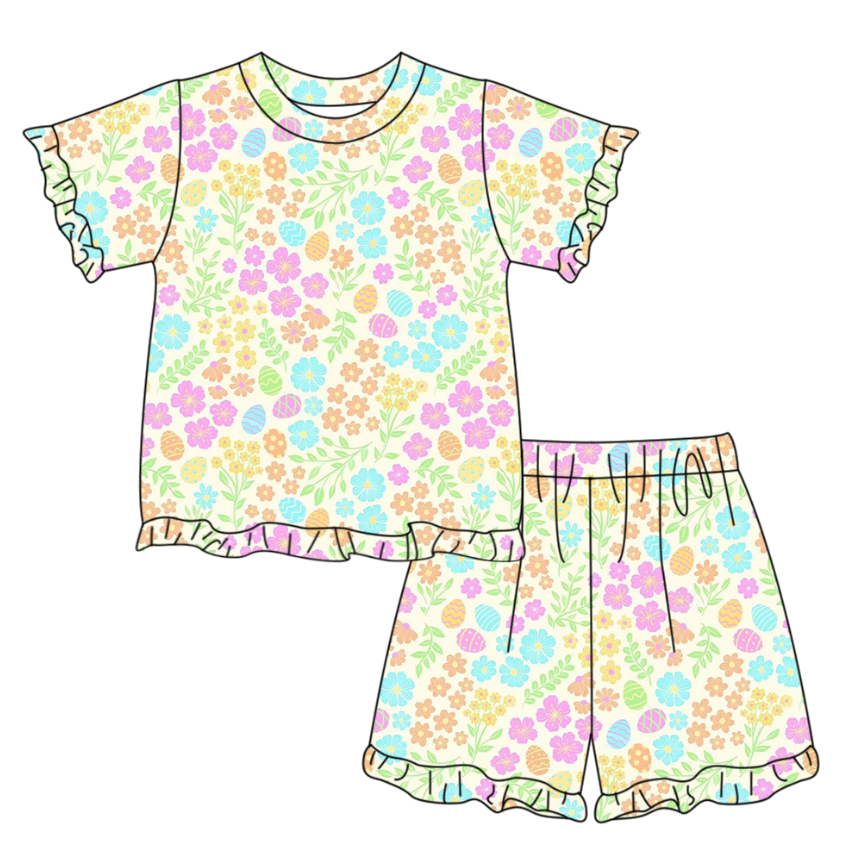 Baby Girls Colorful Flower Eggs Stripe Top Ruffle Short Pajamas Easter Clothes Sets Preorder
