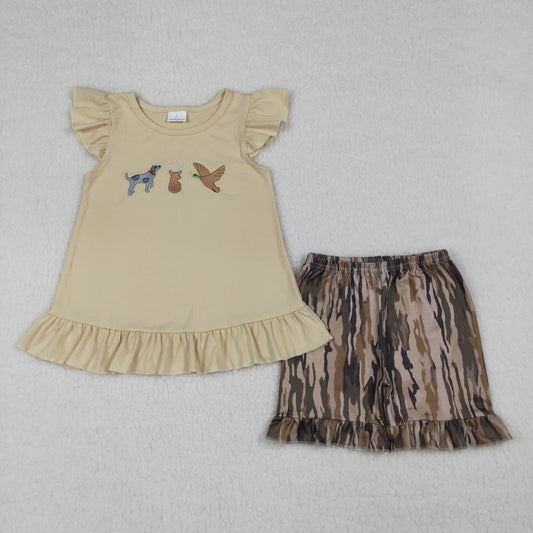 Sibling Baby Boys Girls Dog Ducks Deer Top Olive Camo Short Hunting Clothes Sets