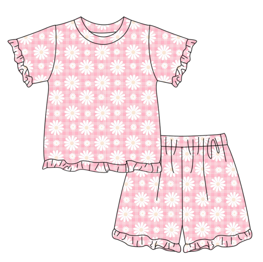 Baby Girls Short Sleeve Pink Checked Daisy Flowers Top Ruffle Short Clothes Set Preorder