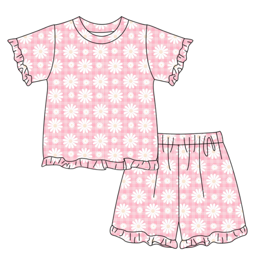 Baby Girls Short Sleeve Pink Checked Daisy Flowers Top Ruffle Short Clothes Set Preorder
