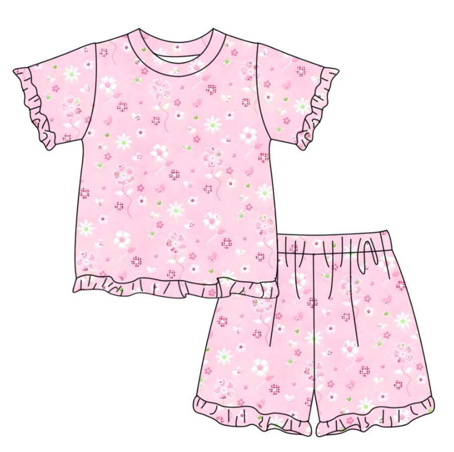 Baby Girls Short Sleeve Pink Daisy Flowers Top Ruffle Short Clothes Set Preorder