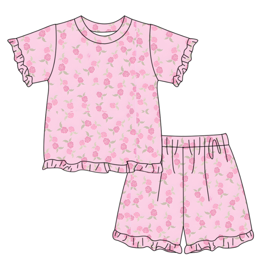 Baby Girls Short Sleeve Pink Flowers Top Ruffle Short Clothes Set Preorder
