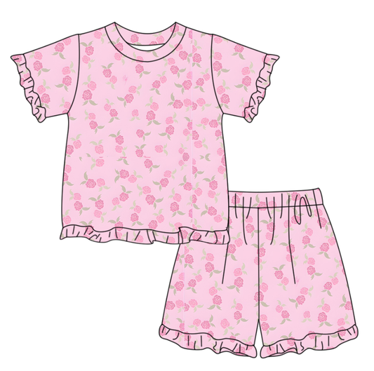 Baby Girls Short Sleeve Pink Flowers Top Ruffle Short Clothes Set Preorder