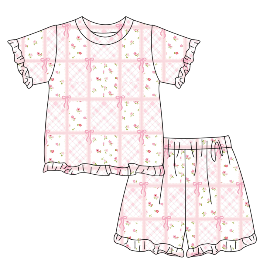 Baby Girls Short Sleeve Pink Bow Flowers Checked Top Ruffle Short Clothes Set Preorder