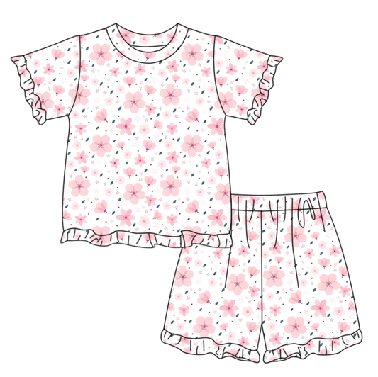 Baby Girls Short Sleeve Pink Flowers Top Ruffle Short Clothes Set Preorder