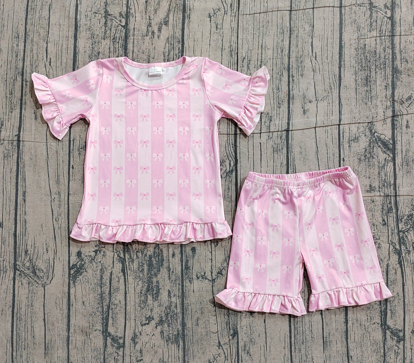 Baby Girls Short Sleeve Pink Bows Stripe Top Ruffle Short Clothes Set