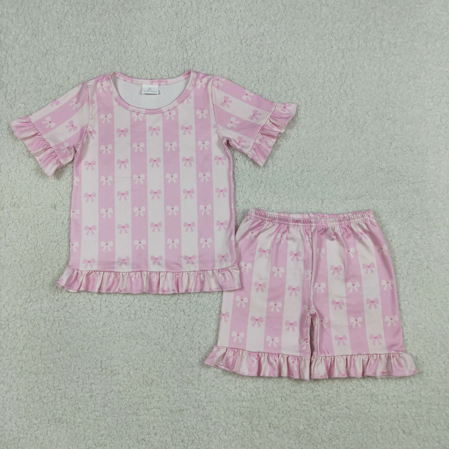 Baby Girls Short Sleeve Pink Bows Stripe Top Ruffle Short Clothes Set