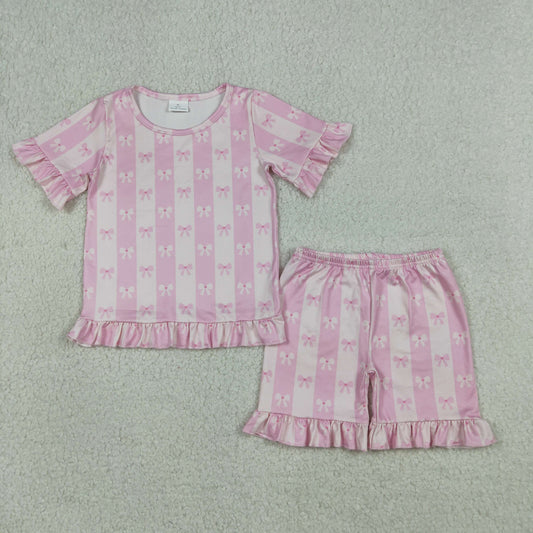 Baby Girls Short Sleeve Pink Bows Stripe Top Ruffle Short Clothes Set