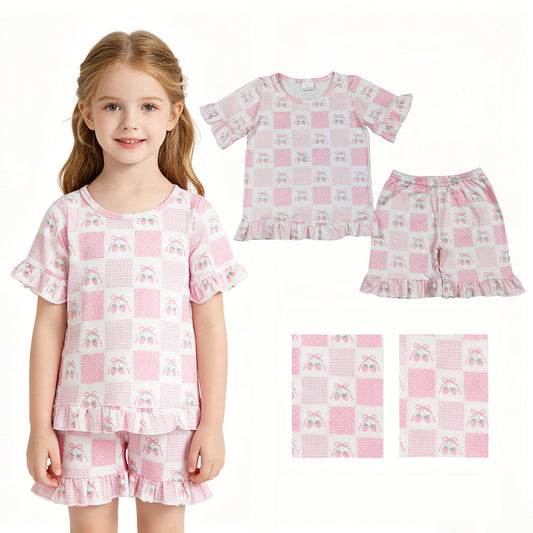 Baby Girls Short Sleeve Pink Bows Strawberry Checked Top Ruffle Short Clothes Set
