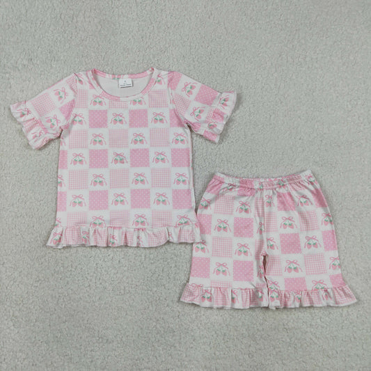 Baby Girls Short Sleeve Pink Bows Strawberry Checked Top Ruffle Short Clothes Set