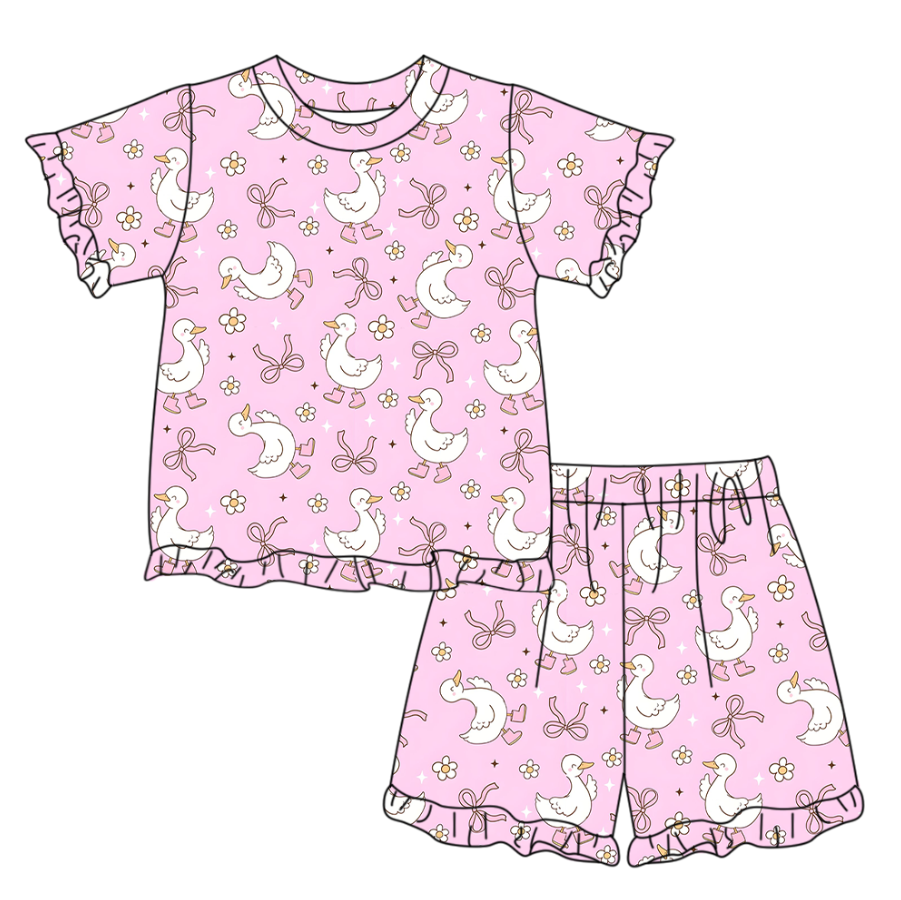 Baby Girls Short Sleeve Pink Bows Gooses Checked Top Ruffle Short Clothes Set Preorder