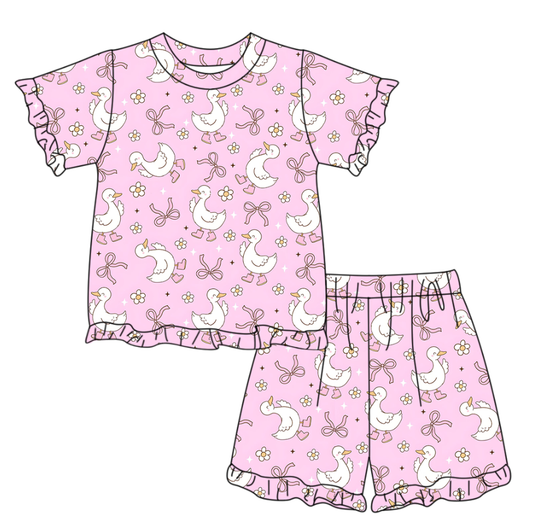 Baby Girls Short Sleeve Pink Bows Gooses Checked Top Ruffle Short Clothes Set Preorder