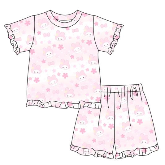Baby Girls Short Sleeve Pink Flower Rabbits Top Ruffle Short Easter Clothes Set Preorder