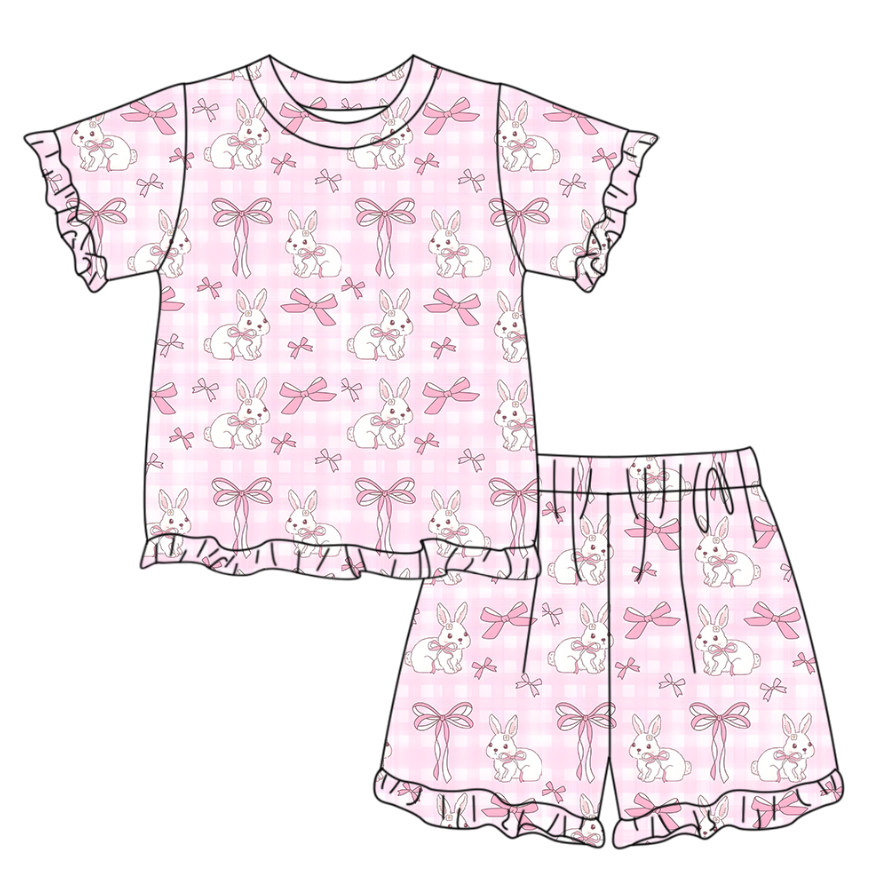Baby Girls Short Sleeve Pink Checked Bow Rabbits Top Ruffle Short Easter Clothes Set Preorder