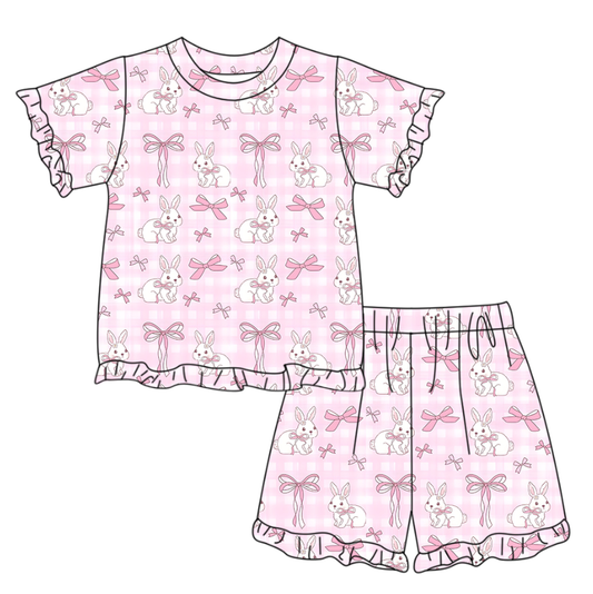 Baby Girls Short Sleeve Pink Checked Bow Rabbits Top Ruffle Short Easter Clothes Set Preorder