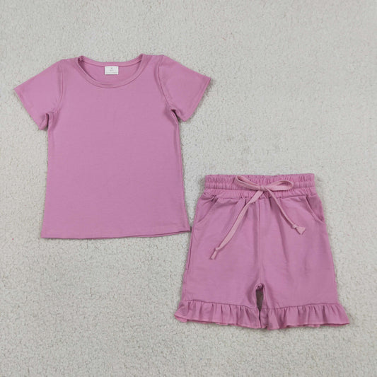 Baby Girls Short Sleeve Pink Shirt Top Pockets Ruffle Short Clothes Set