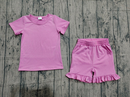 Baby Girls Short Sleeve Pink Shirt Top Pockets Ruffle Short Clothes Set