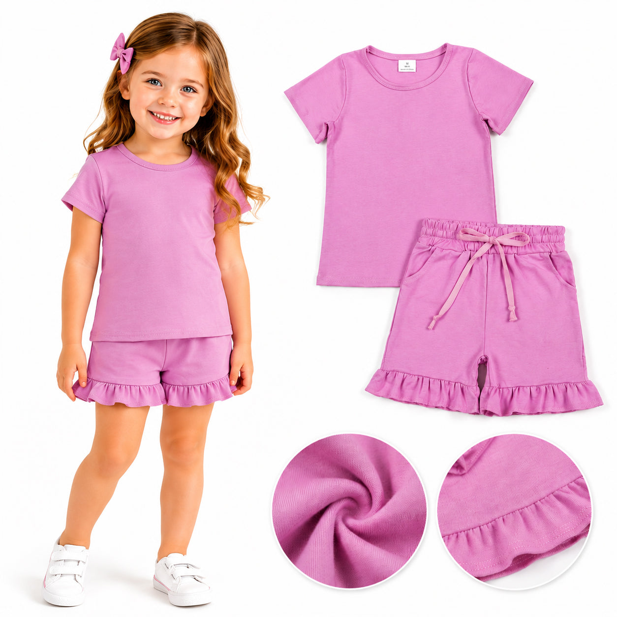 Baby Girls Short Sleeve Pink Shirt Top Pockets Ruffle Short Clothes Set
