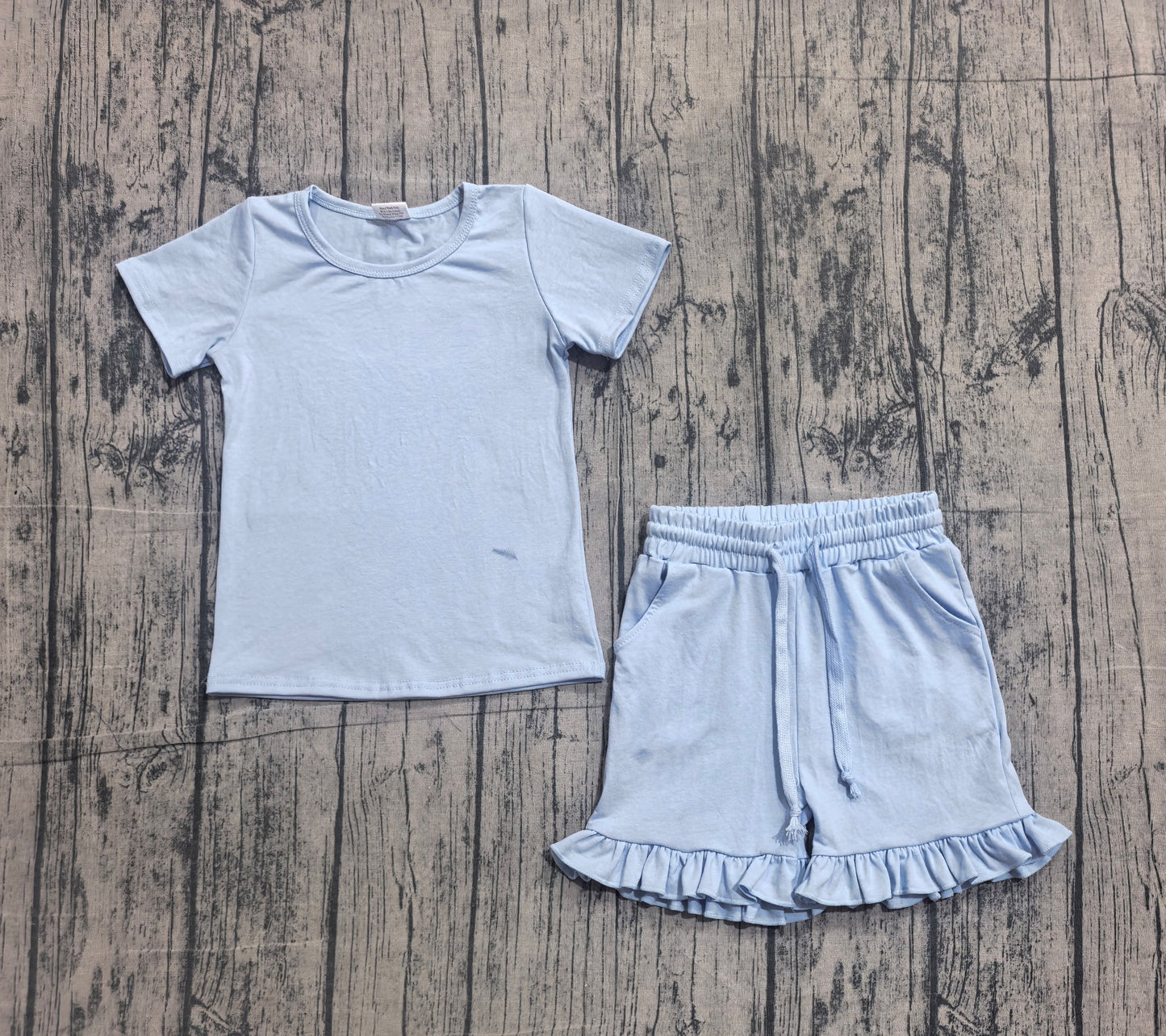 Baby Girls Short Sleeve Light Blue Shirt Top Pockets Ruffle Short Clothes Set