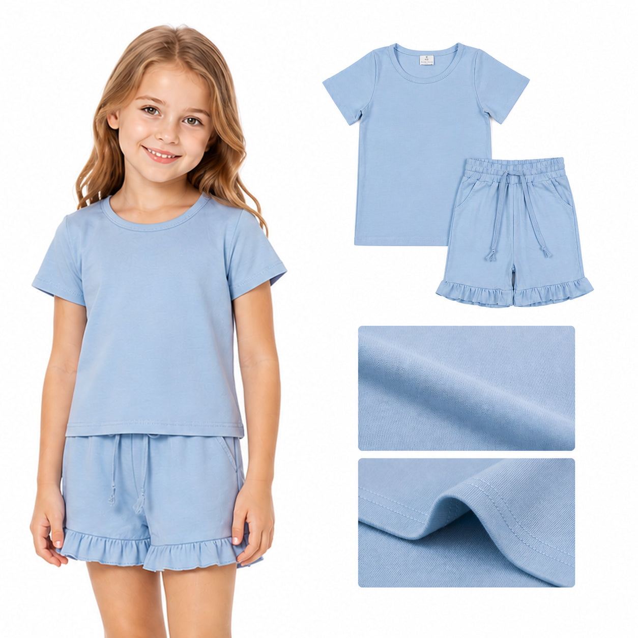 Baby Girls Short Sleeve Light Blue Shirt Top Pockets Ruffle Short Clothes Set