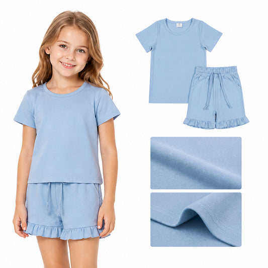 Baby Girls Short Sleeve Light Blue Shirt Top Pockets Ruffle Short Clothes Set