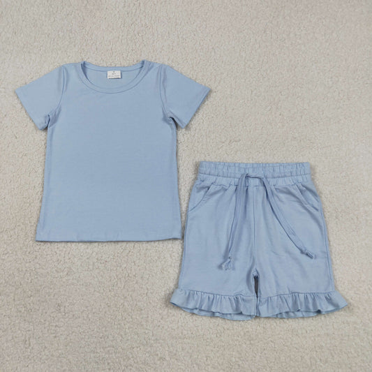 Baby Girls Short Sleeve Light Blue Shirt Top Pockets Ruffle Short Clothes Set