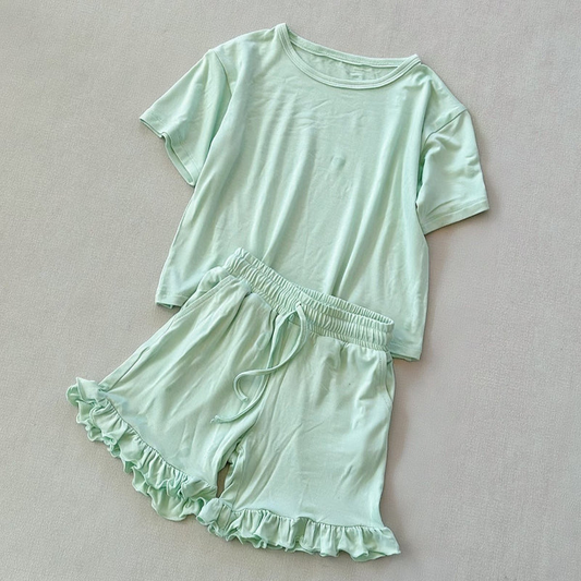 Baby Girls Short Sleeve Green Shirt Top Ruffle Short Clothes Set Preorder