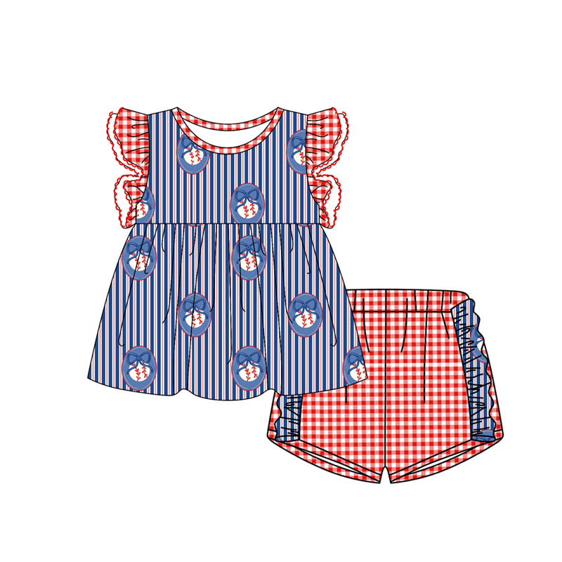 Baby Girls Blue Stripe Bow Baseballs Tunic Ruffle Checked Short Team Clothes Set Preorder