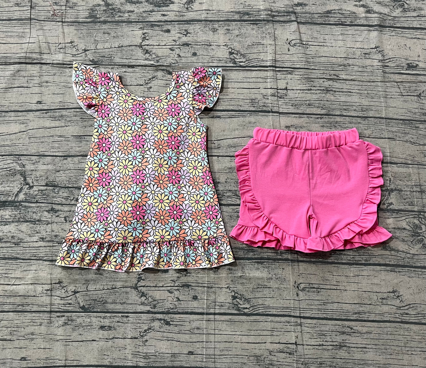 Baby Girls Colorful Daisy Flowers Back Bow Tunic Ruffle Shorts Clothes Sets