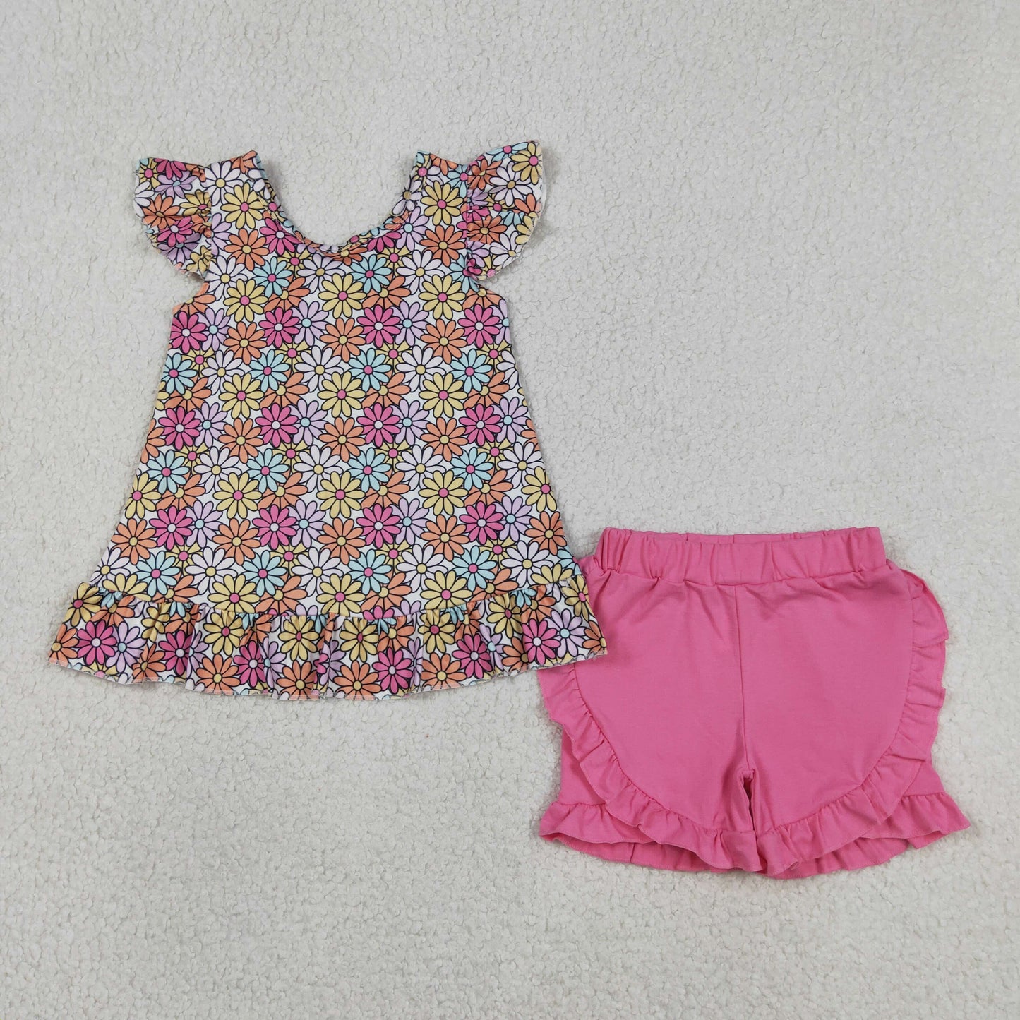 Sibling Baby Girls Daisy Flowers Flutter Sleeve Back Bow Tunic Ruffle Short Clothes Set Rompers