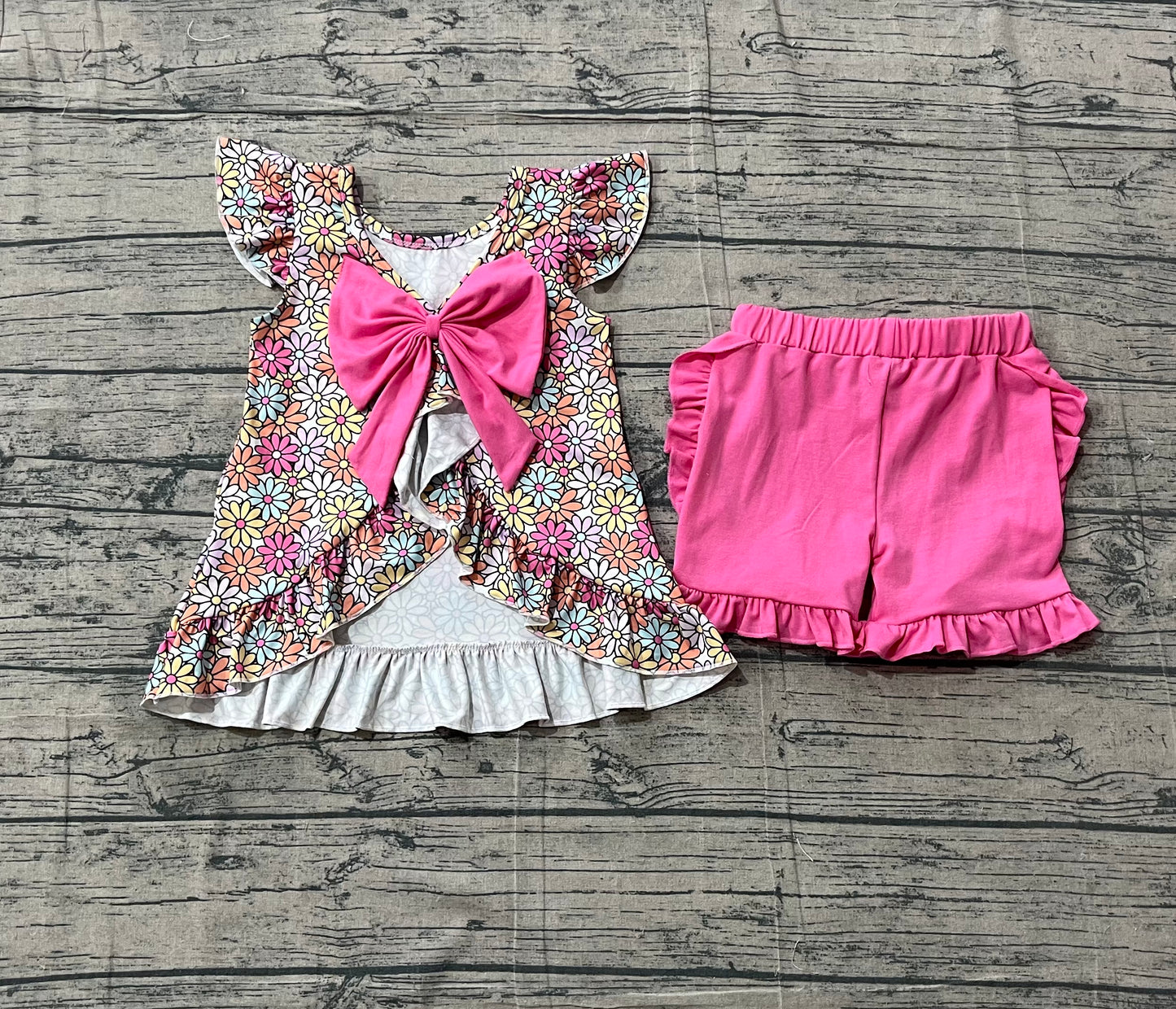 Baby Girls Colorful Daisy Flowers Back Bow Tunic Ruffle Shorts Clothes Sets