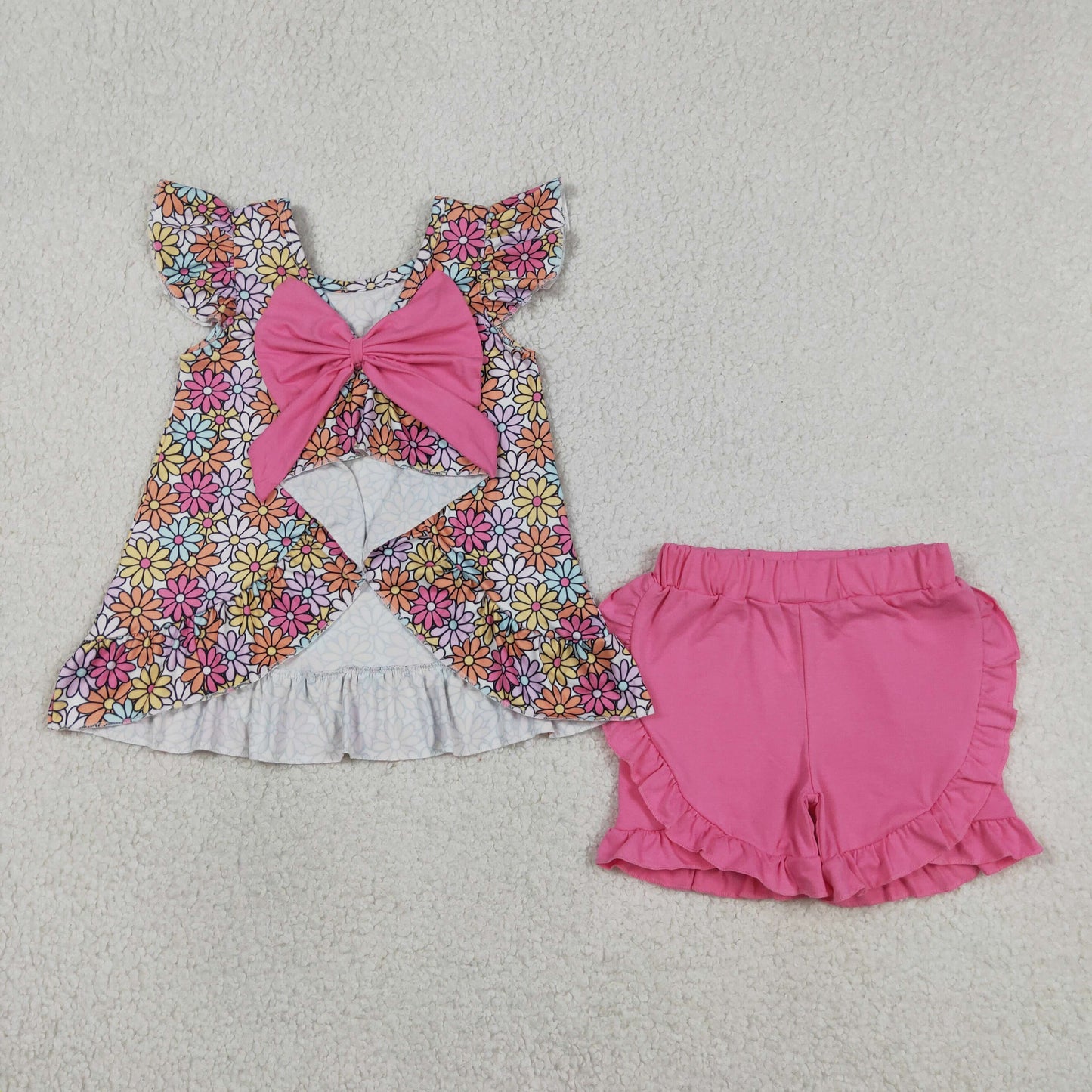 Baby Girls Colorful Daisy Flowers Back Bow Tunic Ruffle Shorts Clothes Sets